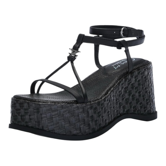 Circus by Sam Edelman Odette Black chunky basketweave wedge Strappy Ankle Buckle - Picture 2 of 14